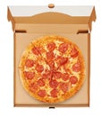 Whole fresh italian classic pepperoni pizza in a delivery cardboard box top view. Isolated