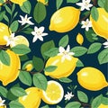 Whole fresh lemon with lime flowers and leaves modern vector style pattern