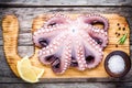 Whole fresh raw octopus with sea salt and lemon on cutting board Royalty Free Stock Photo