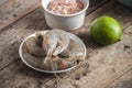 Whole fresh raw shrimps seafood in bowl Royalty Free Stock Photo