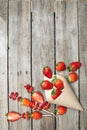 Whole fresh red strawberries scattered of paper cone and sliced strawberries on wooden skewers Royalty Free Stock Photo