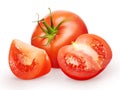 Whole fresh red tomato with green leaf, half and slice Royalty Free Stock Photo