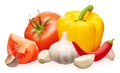 Red tomato, yellow bell and chili peppers, garlic with cloves Royalty Free Stock Photo