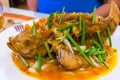 Whole fried fish on a plate with green onions in sauce Royalty Free Stock Photo