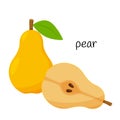 A whole fruit of a yellow pear and a cut half with seeds and pulp. Fruit icon. Flat design. Color vector illustration Royalty Free Stock Photo