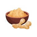 Ginger root and powder in wooden bowl. Aromatic condiment for food and drinks. Natural product. Flat vector icon