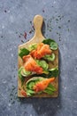 Whole grain bread sandwiches with fresh cucumber, spinach leaves, avocado and smoked salmon