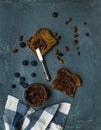 Whole grain bread toasts with organic vegan chocolate peanut butter, blueberry, nuts over grunge grey backdrop Royalty Free Stock Photo