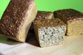 Whole grain breads on the tray, four dark breads