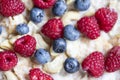 Whole grain oat flakes with fresh ripe blueberries, raspberries, yogurt and vegan almond milk. Healthy breakfast concept Royalty Free Stock Photo