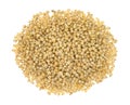 Whole grain sorghum seeds on a white background.