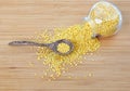 Whole grain soybeans in bottle and wooden spoon on bamboo wooden board, top view