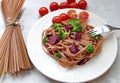 Whole grain spaghetti, fresh broccoli, beetroot and sunflower seeds