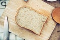 Whole grain wheat bread top view rustic on wooden table