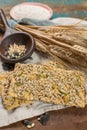 Whole grain wheat flour, sunflowers seeds and fresh baked crackers