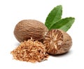 Whole and grated nutmeg with leaf