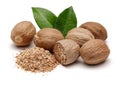 Whole and grated nutmeg with leaf