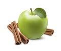 Whole green apple and cinnamon stick isolated on white