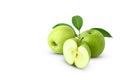 Whole green apple and half with leaf isolated on white background Royalty Free Stock Photo