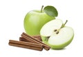 Whole green apple and half plus cinnamon stick isolated Royalty Free Stock Photo