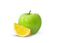 A whole green apple with a slice of lemon on a white background. Royalty Free Stock Photo