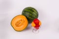 Whole green sweet watermelon cantaloup half melon scoops fruit cup