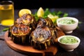 whole grilled artichokes on a stone board, garlic dip in a small pot