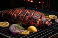 whole grilled octopus with lemon and garlic on a barbecue