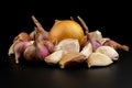 Whole group pile ingredient of fresh onion garlic isolated on black background Royalty Free Stock Photo