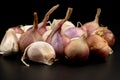 Whole group pile ingredient of fresh onion garlic isolated on black background Royalty Free Stock Photo