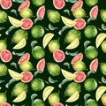 Whole guava and slices, leaves watercolor seamless pattern isolated on black. Tropical fruit, pink, yellow pulp guajava