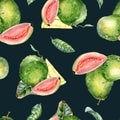 Whole guava and slices, leaves watercolor seamless pattern isolated on black. Tropical fruit, pink, yellow pulp guajava