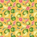 Whole guava and slices, leaves watercolor seamless pattern isolated on orange. Tropical fruit, pink, yellow pulp guajava