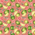 Whole guava and slices, leaves watercolor seamless pattern isolated on pink. Tropical fruit, pink, yellow pulp guajava