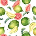 Whole guava and slices, leaves watercolor seamless pattern isolated on white. Tropical fruit, pink, yellow pulp guajava