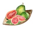 Whole guavas and slices on wooden plate watercolor illustration isolated on white background. Tropical, exotic fruit