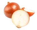 Whole and half bulb of golden onion are isolated on a white background Royalty Free Stock Photo