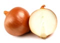 Whole and half bulb of golden onion are isolated on a white background Royalty Free Stock Photo
