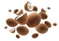 Whole and half cocoanuts levitate on a white background