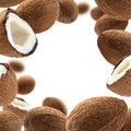 Whole and half cocoanuts levitate on a white background