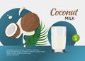 Whole and a half coconuts and a glass of coconut milk with green leaf. Ads template with cocomilk splashes Royalty Free Stock Photo