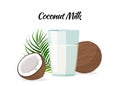 Whole and a half coconuts and a glass of coconut milk with green leaf. Isolated on white background Royalty Free Stock Photo