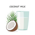 Whole and a half coconuts and a glass of coconut milk with green leaf. Isolated on white background Royalty Free Stock Photo