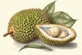 Whole and half durian fruit illustration. Generate ai