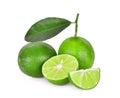 Whole and half of fresh green lime with green leaf isolated Royalty Free Stock Photo