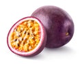 Whole and half fresh passion fruit on white background