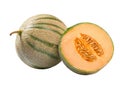 Whole and half japanese melon or cantaloupe melon isolated on the white background Royalty Free Stock Photo