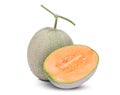 Whole and half japanese melons, orange melon or cantaloupe melon