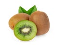 Whole and half kiwi fruit with green leaf isolated on white Royalty Free Stock Photo