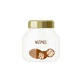 Whole and half nutmeg inside Glass container for spices with cover. Spice can with inscription. Fragrant Organic product